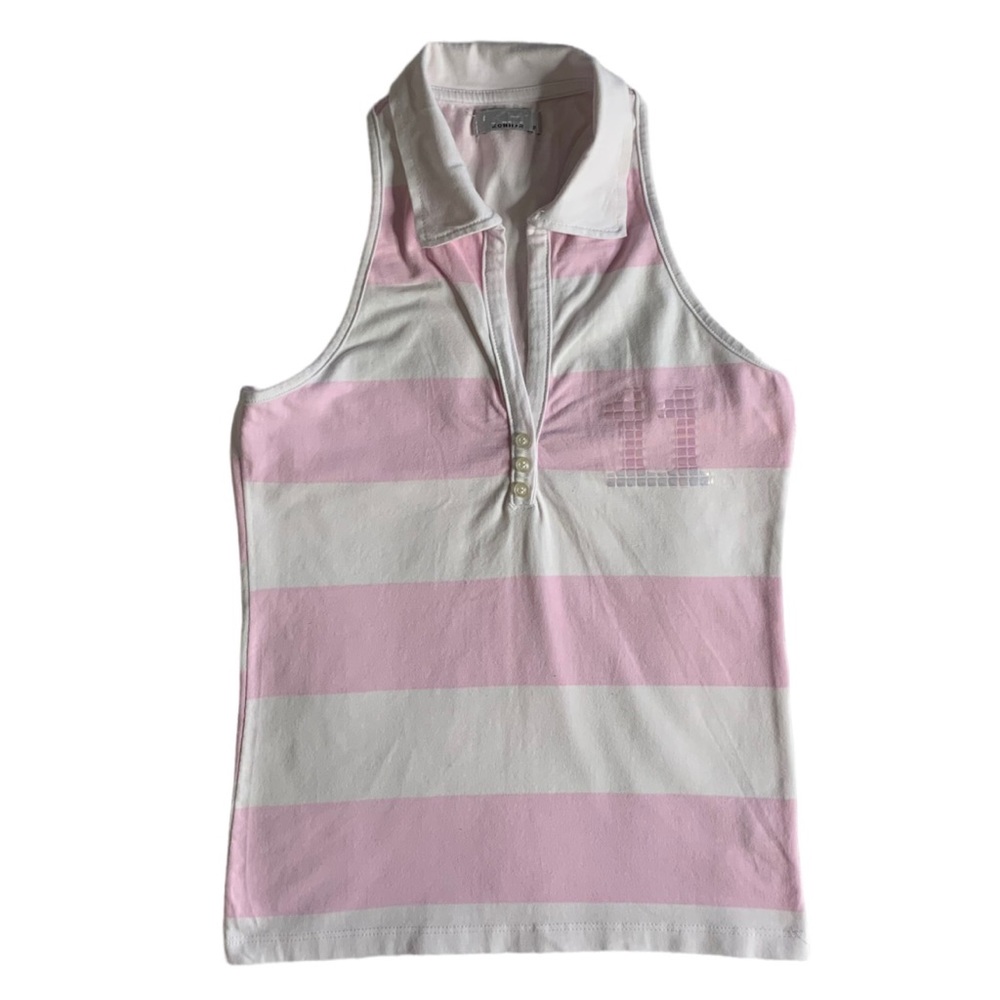 Pink and white sleeveless V collared shirt with #11 heat press iron on it